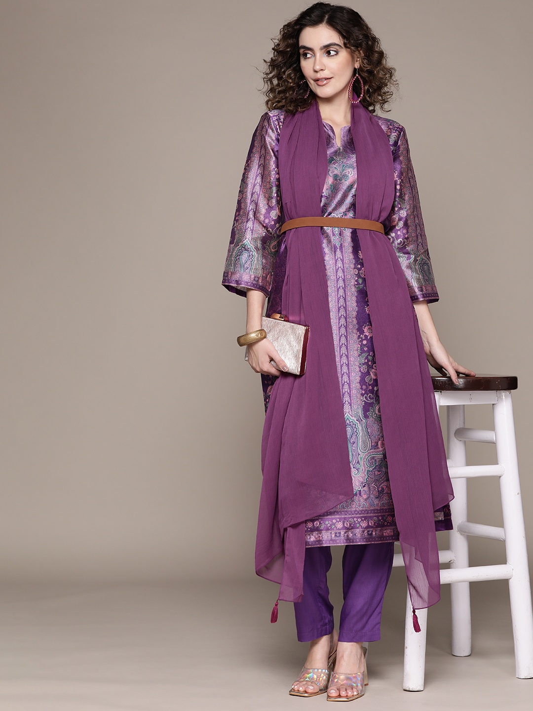 

aarke Ritu Kumar Women Purple Ethnic Motifs Printed Kurta with Trousers & With Dupatta