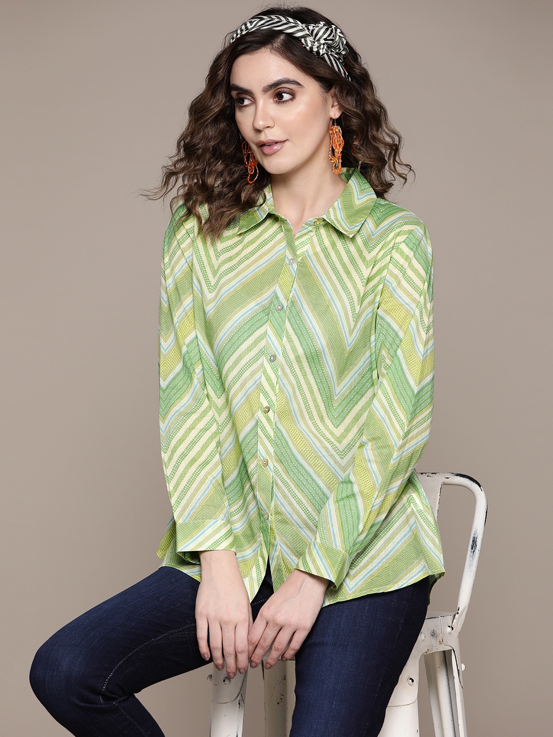 

aarke Ritu Kumar Women Chevron Printed Cotton Casual Shirt, Green