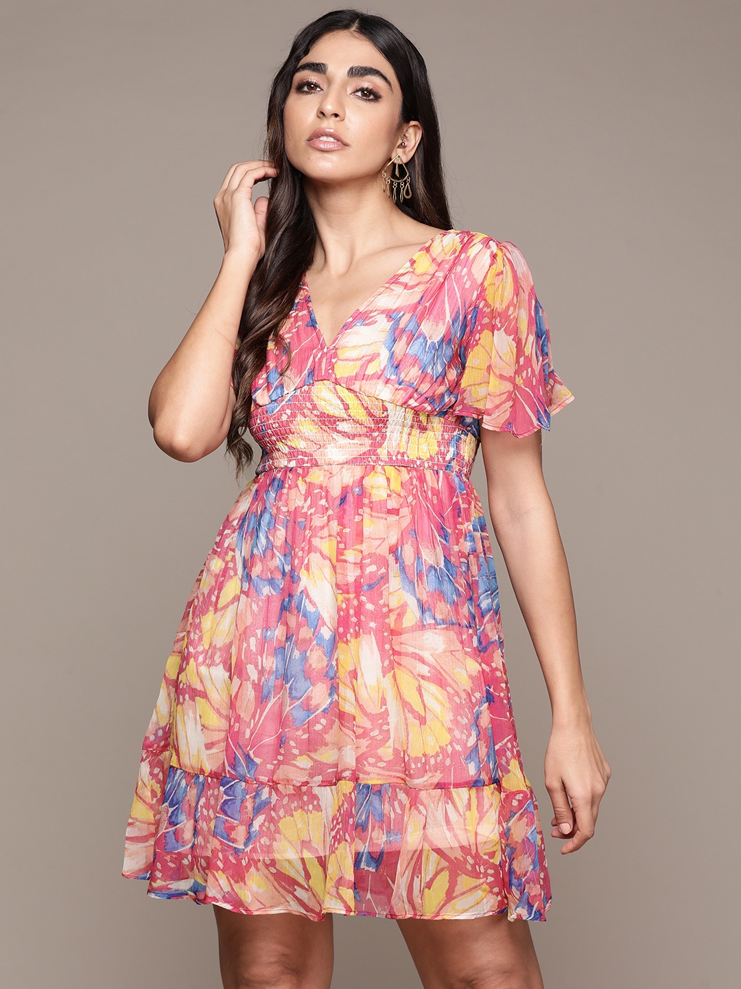 

Label Ritu Kumar Floral Printed Chiffon Empire Dress, Pink