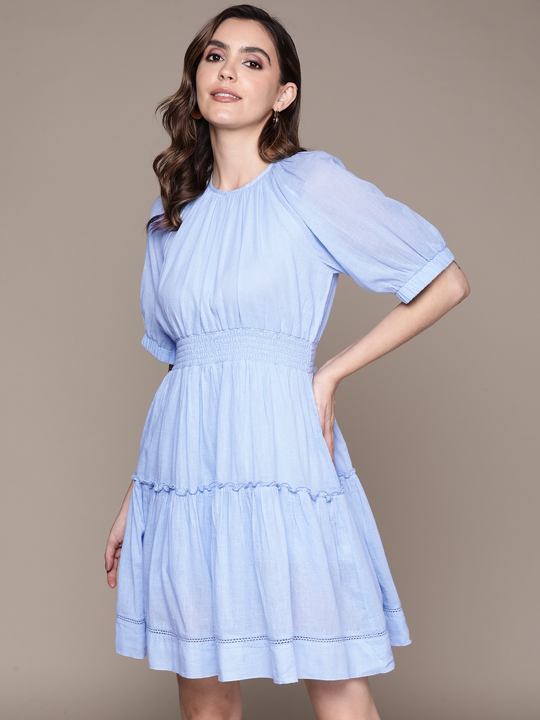 

Label Ritu Kumar Smocked Pure Cotton Tiered Dress with Raglan Sleeves, Blue