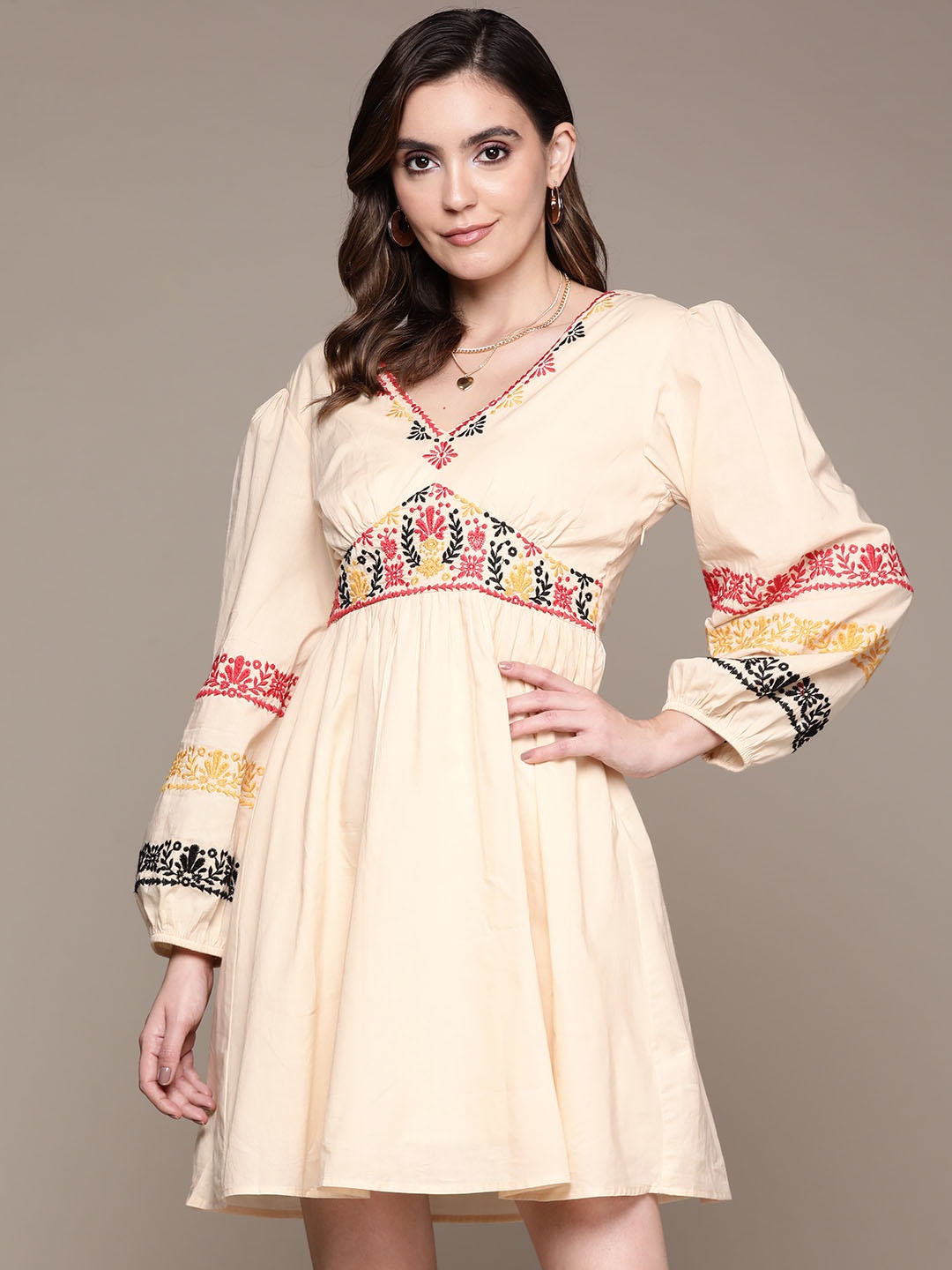 

Label Ritu Kumar Ethnic Motifs Embroidered Pure Cotton Dress, Off white