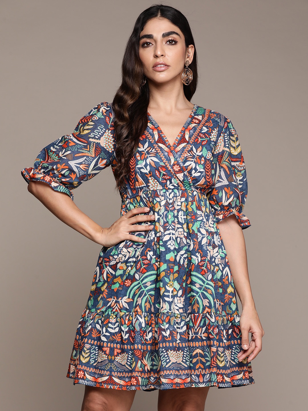 

Label Ritu Kumar Floral Printed Pure Cotton Wrap Dress, Teal