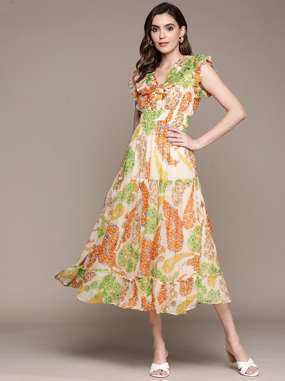 

Label Ritu Kumar Floral Printed Ruffled Chiffon Empire Maxi Dress, Off white