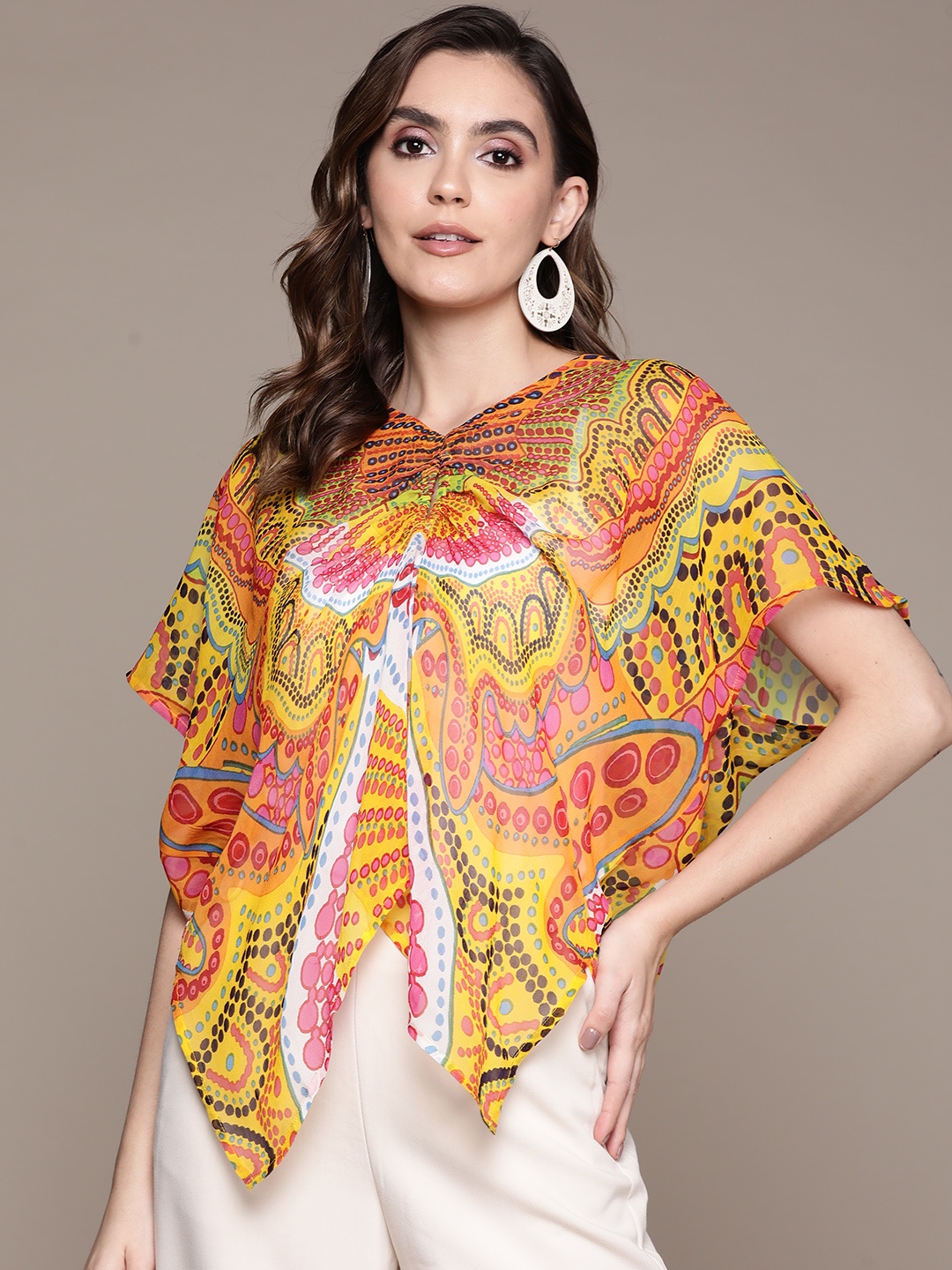 

Label Ritu Kumar Yellow Floral Print Georgette Kaftan Top with Inner