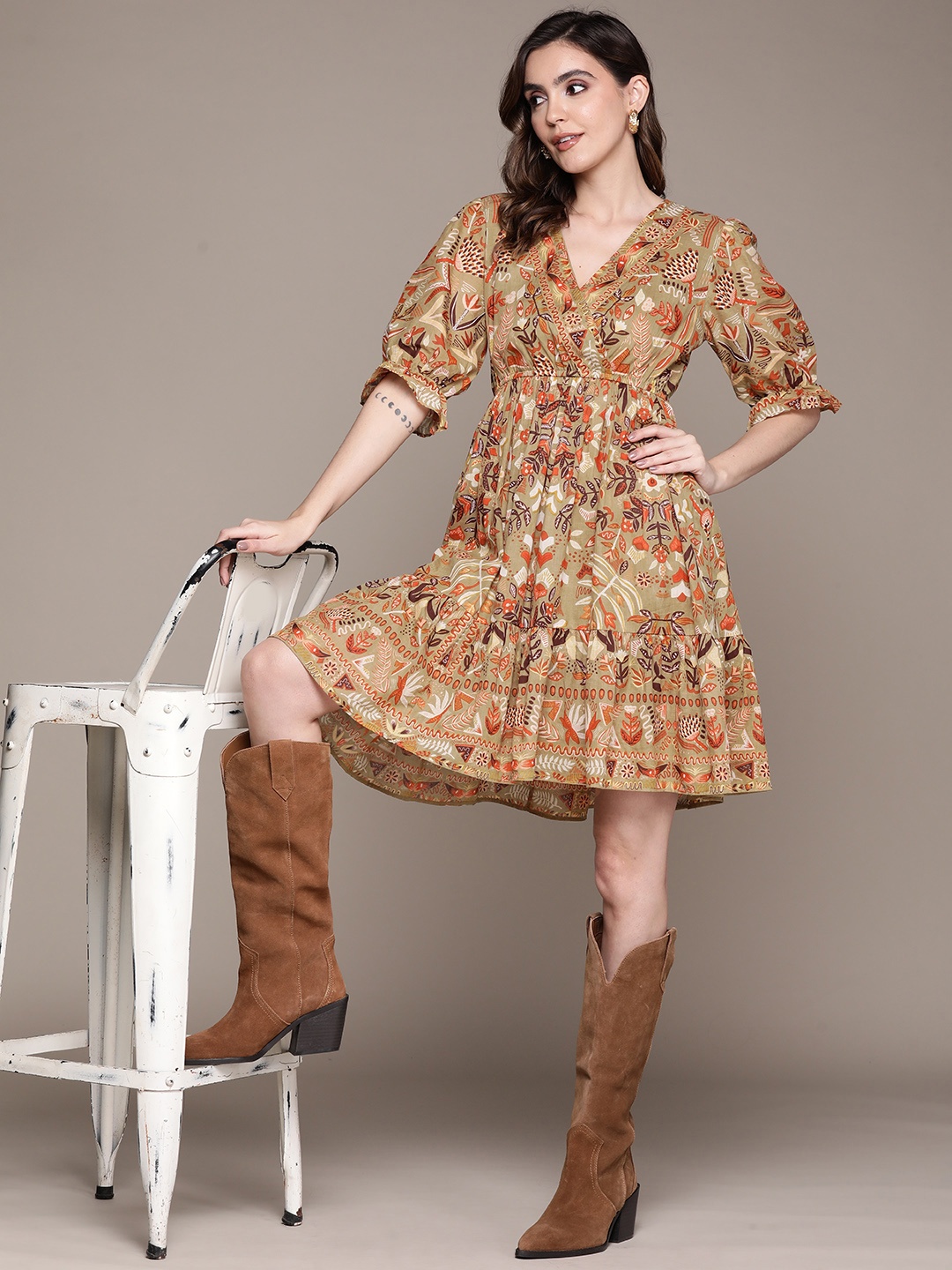 

Label Ritu Kumar Floral Printed Pure Cotton Wrap Dress, Khaki