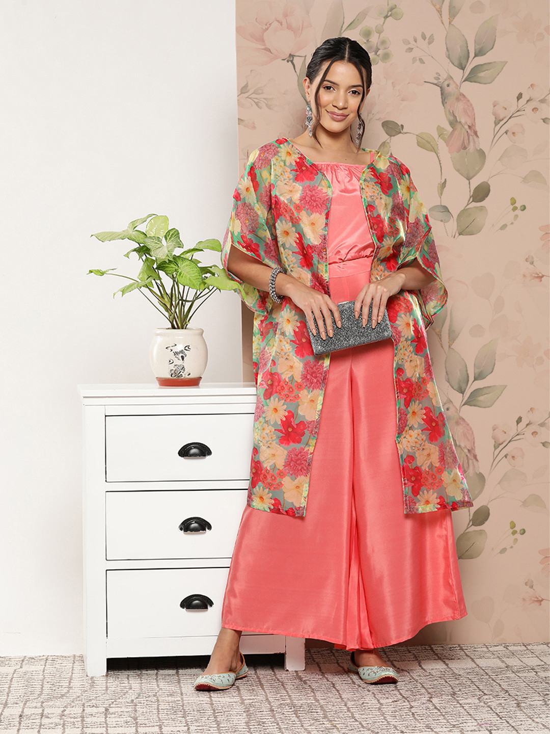 

InWeave Women Peach Crop Top With Palazzos & Jacket