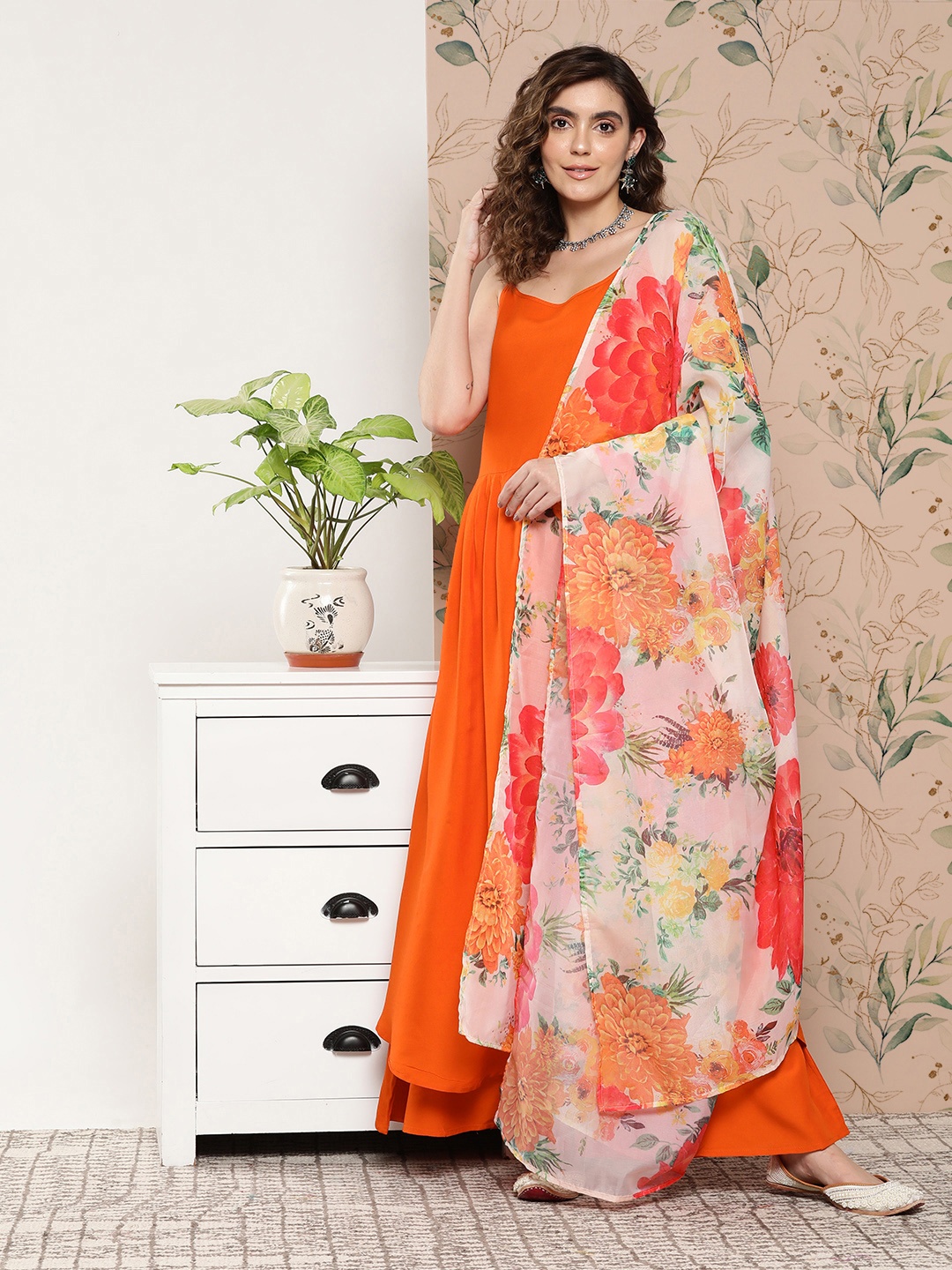 

InWeave Tiered A-Line Kurta With Palazzos & With Dupatta, Orange