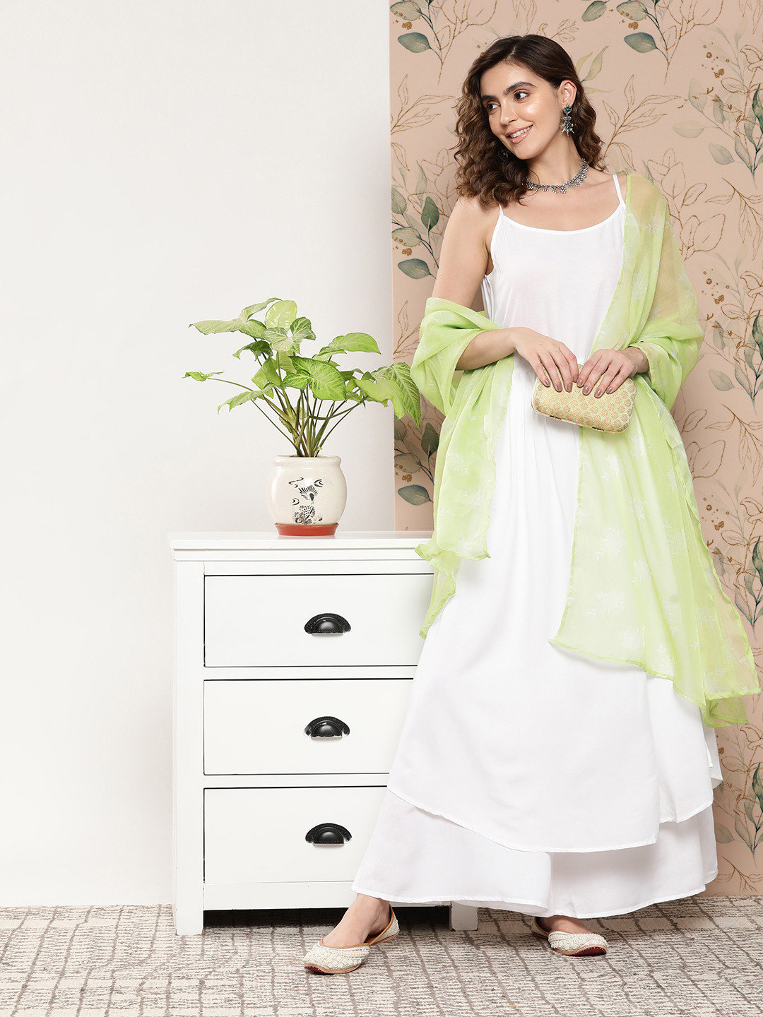 

InWeave Pleated A-Line Kurta With Palazzos & With Dupatta, White