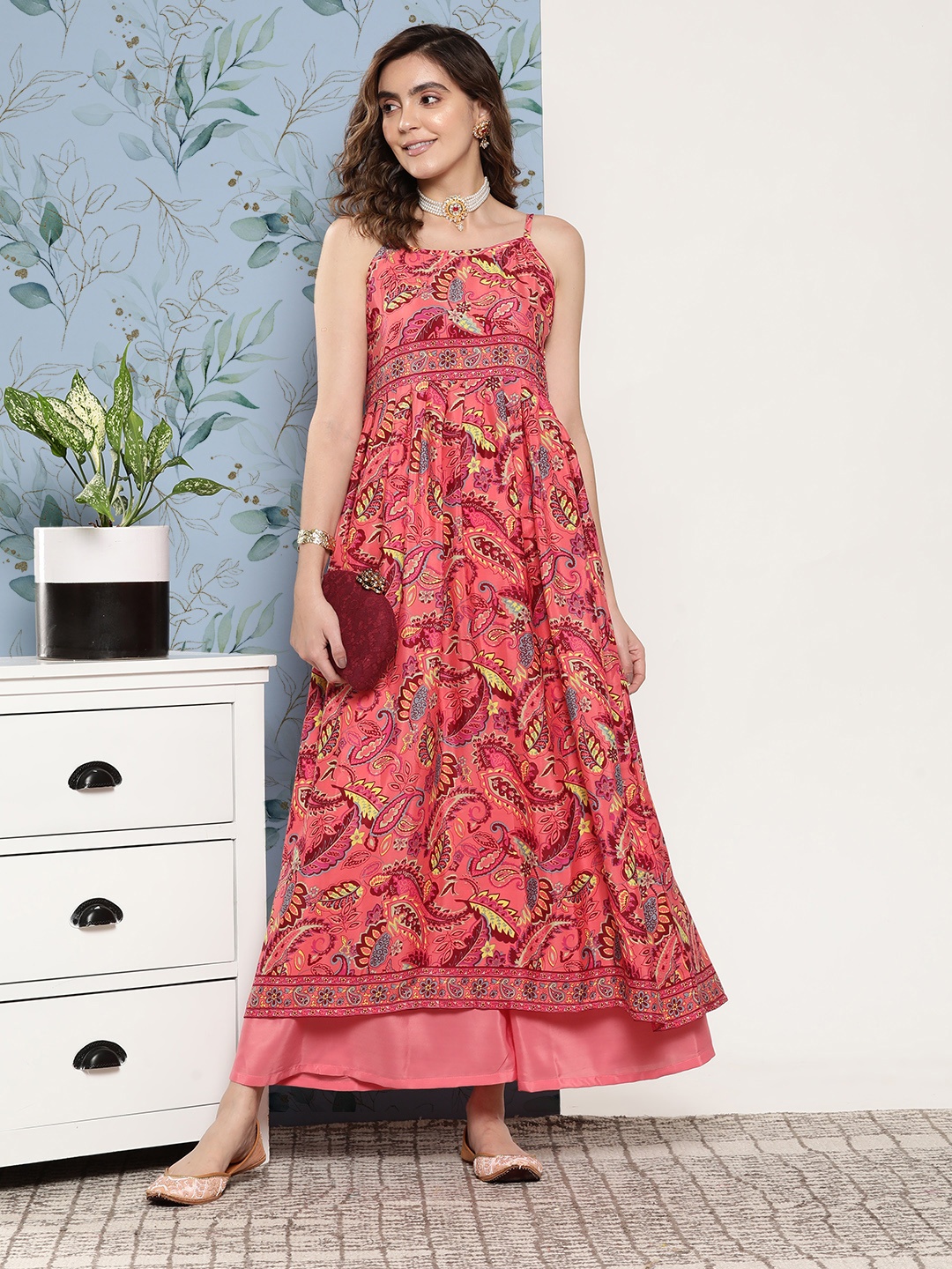 

InWeave Women Paisley Printed Pleated Kurta With Palazzos, Peach