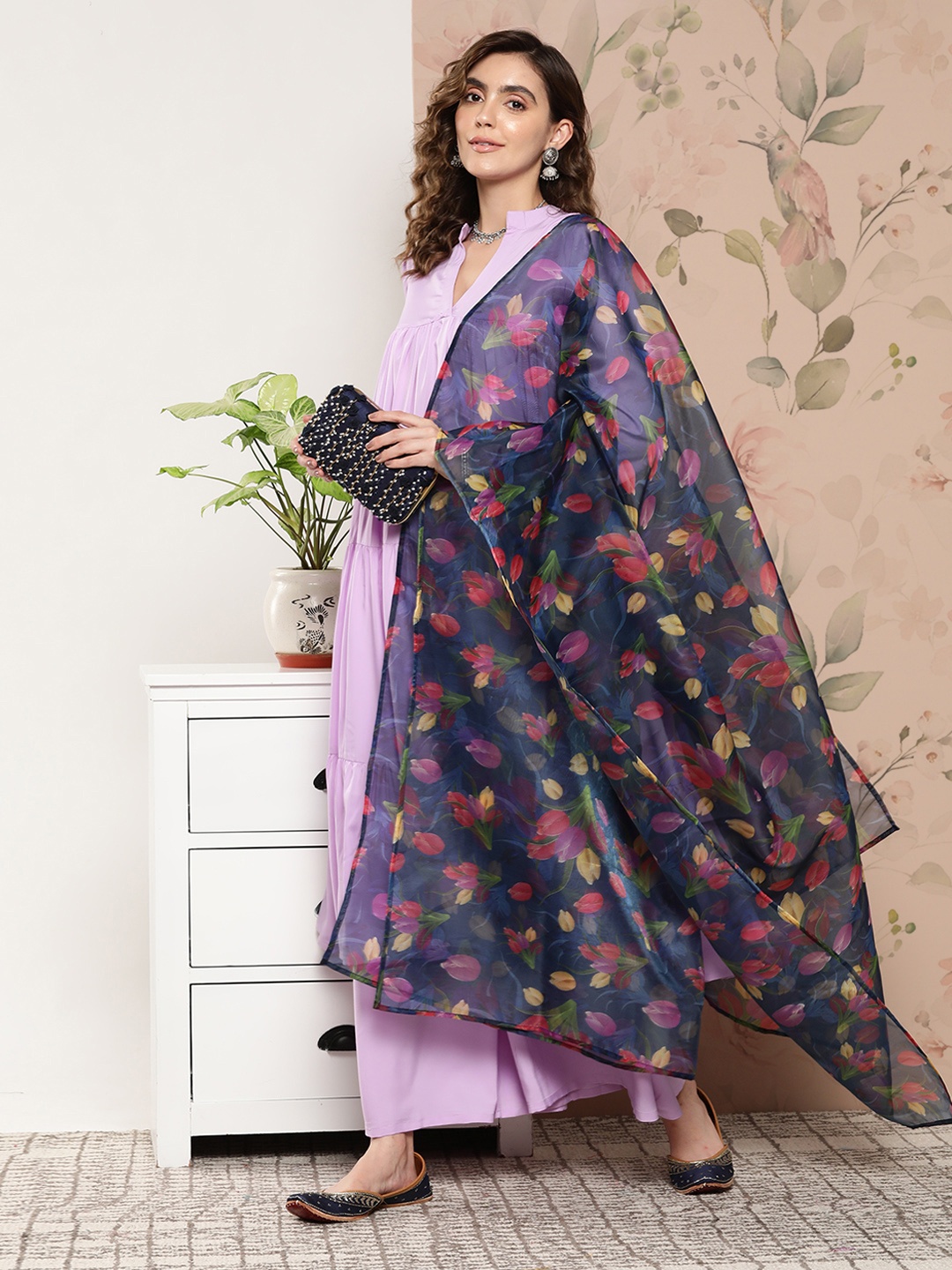 

InWeave Women Tiered Kurta With Palazzos & Dupatta, Lavender