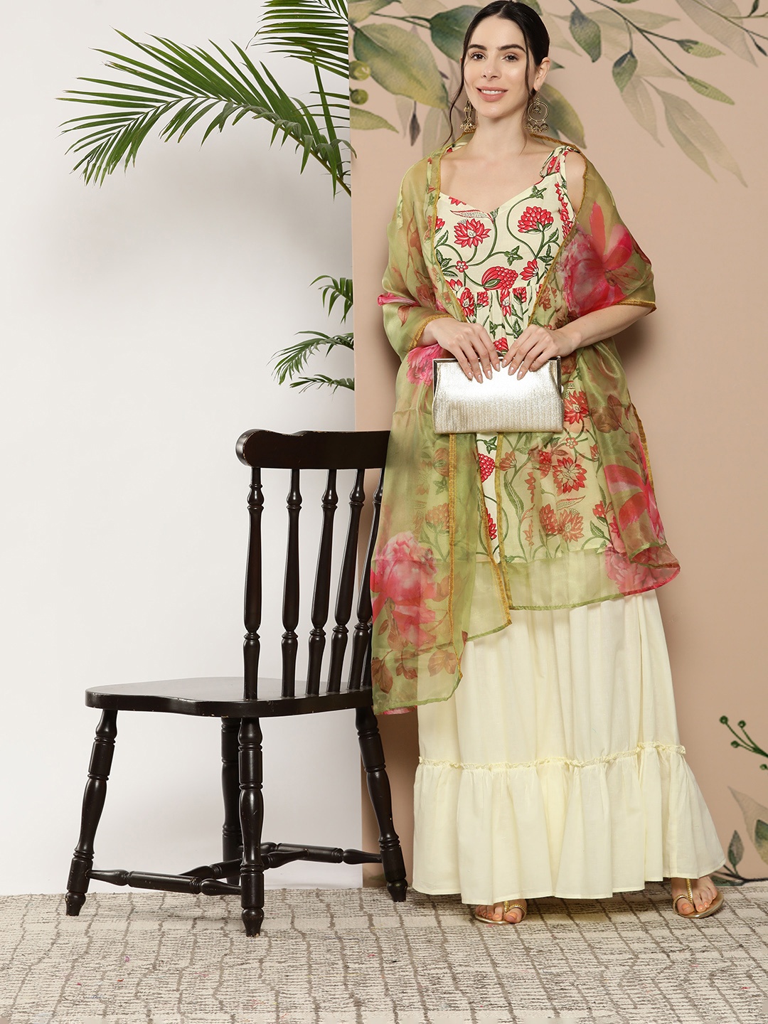 

InWeave Floral Printed Empire Pure Cotton Kurti with Sharara & Dupatta, Pink