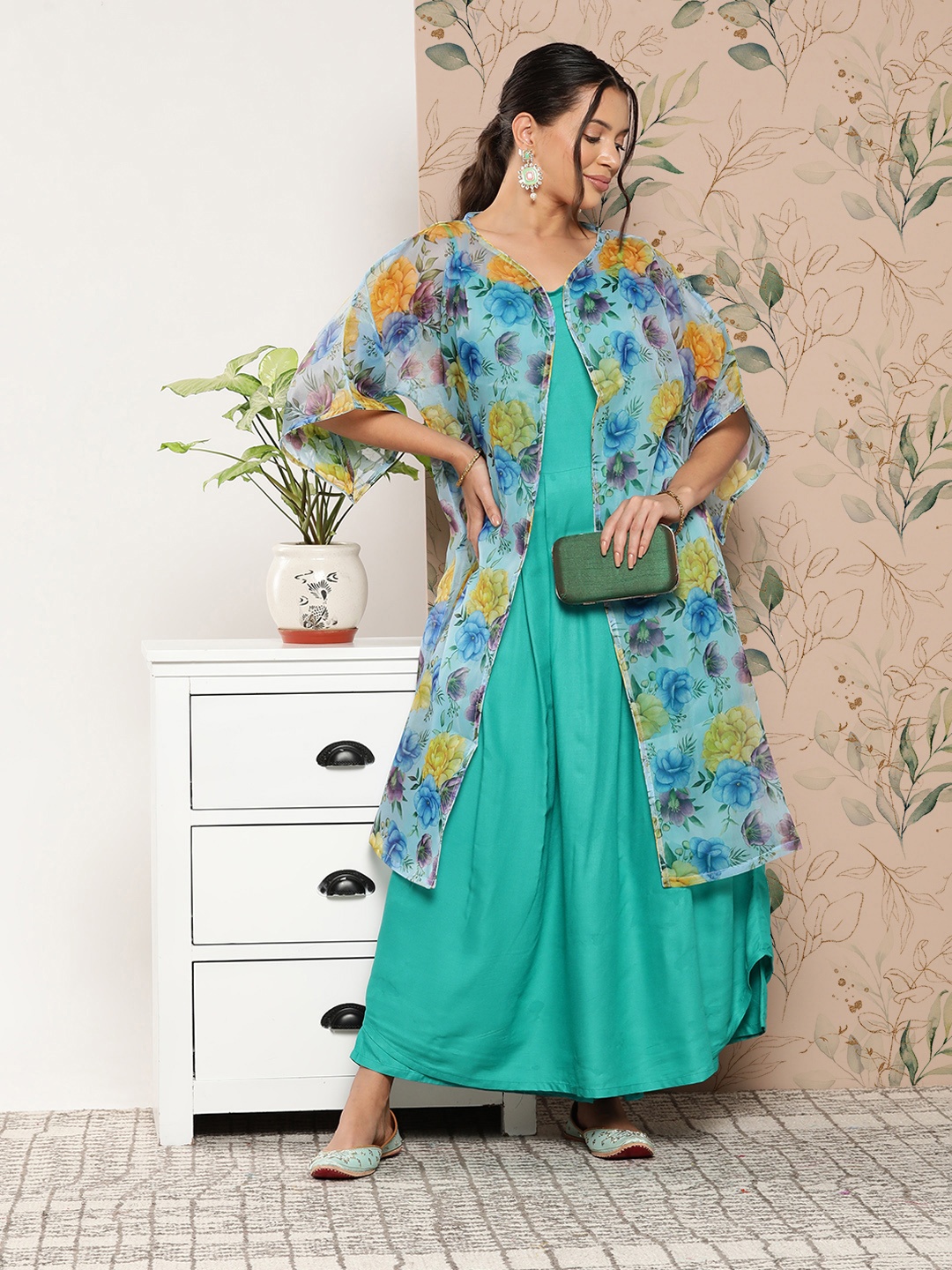 

InWeave Shoulder Straps A-Line Kurta With Palazzos & With Jacket, Teal