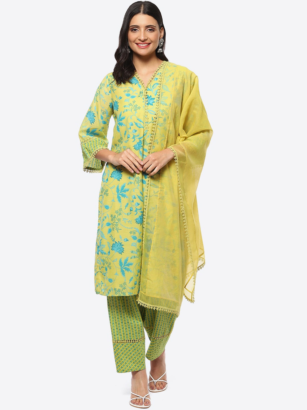 

Biba Floral Printed Kurta with Salwar & With Dupatta, Lime green