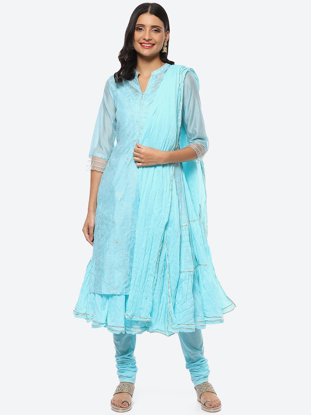 

Biba Floral Layered Kurta with Churidar With Dupatta & Jacket, Turquoise blue