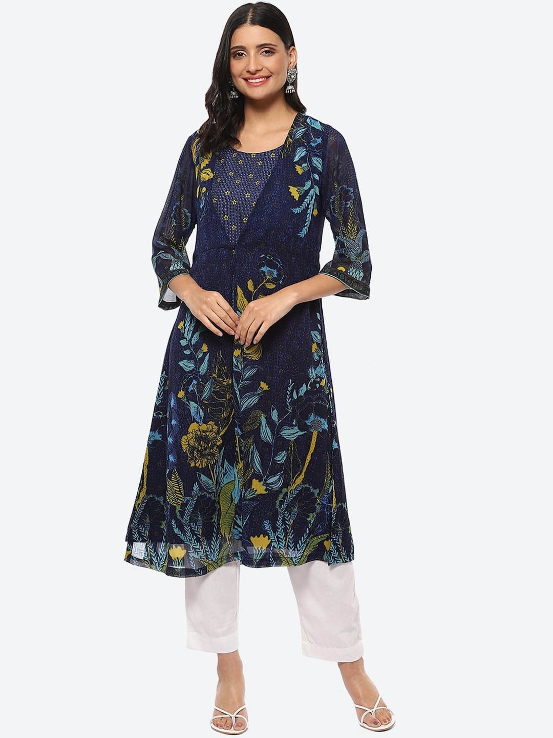 Biba Women Floral Printed Thread Work A-Line Kurta, Navy blue