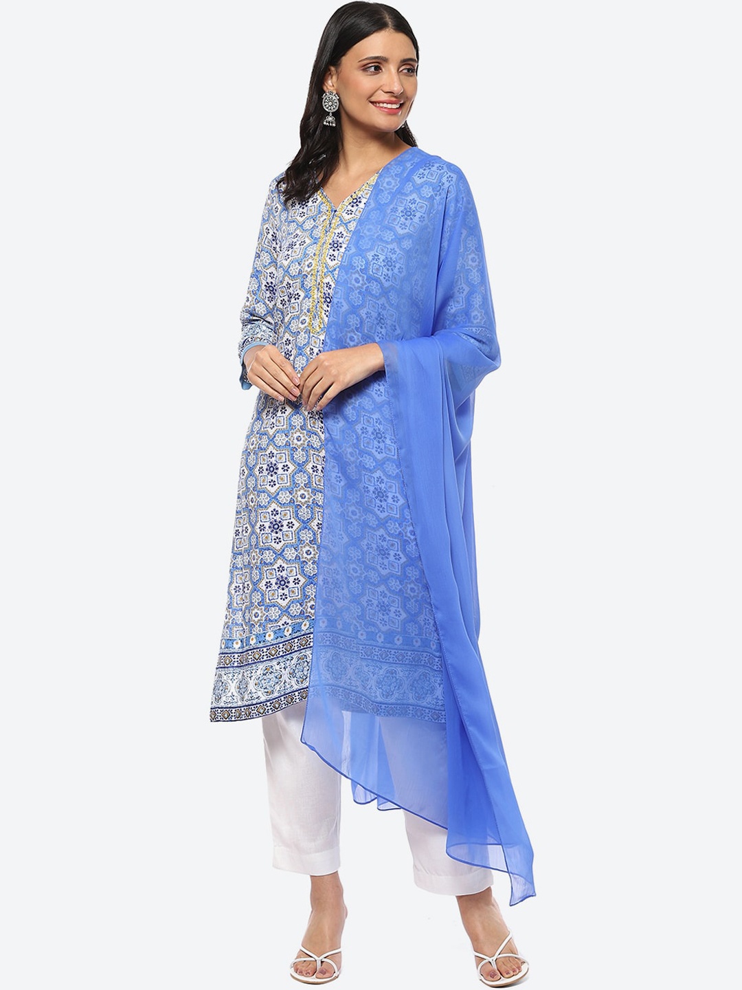 

Biba Women Plus size Floral Printed Kurta With Trousers & With Dupatta, Blue