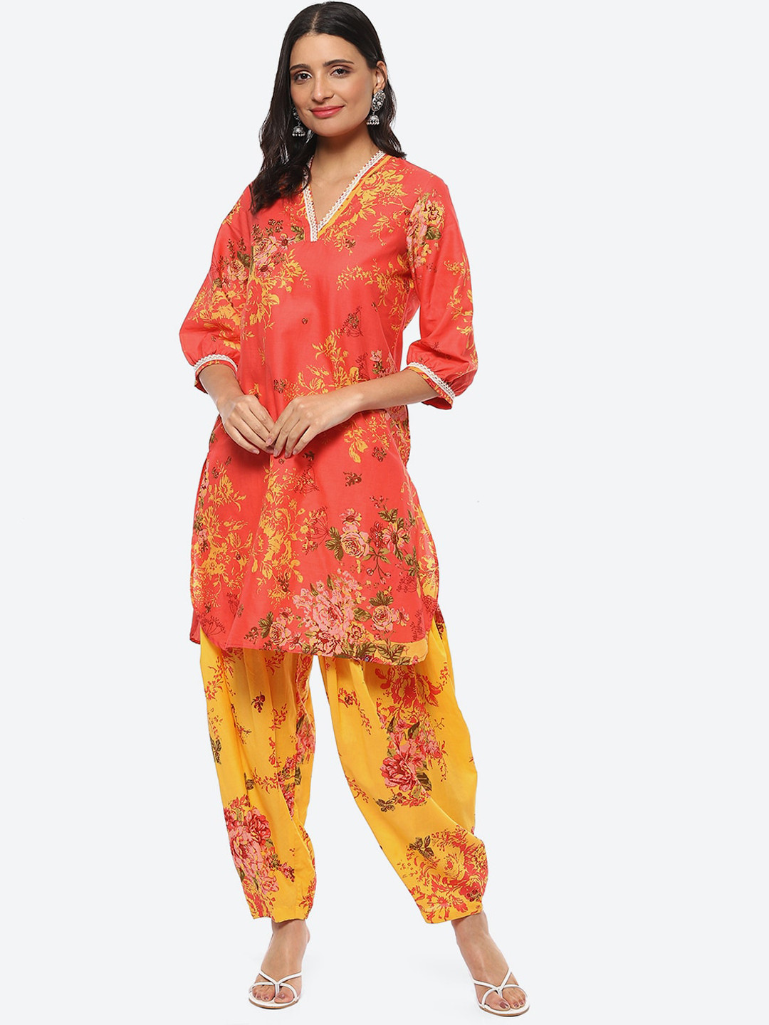

Biba Women Floral Printed Kurta with Salwar, Coral