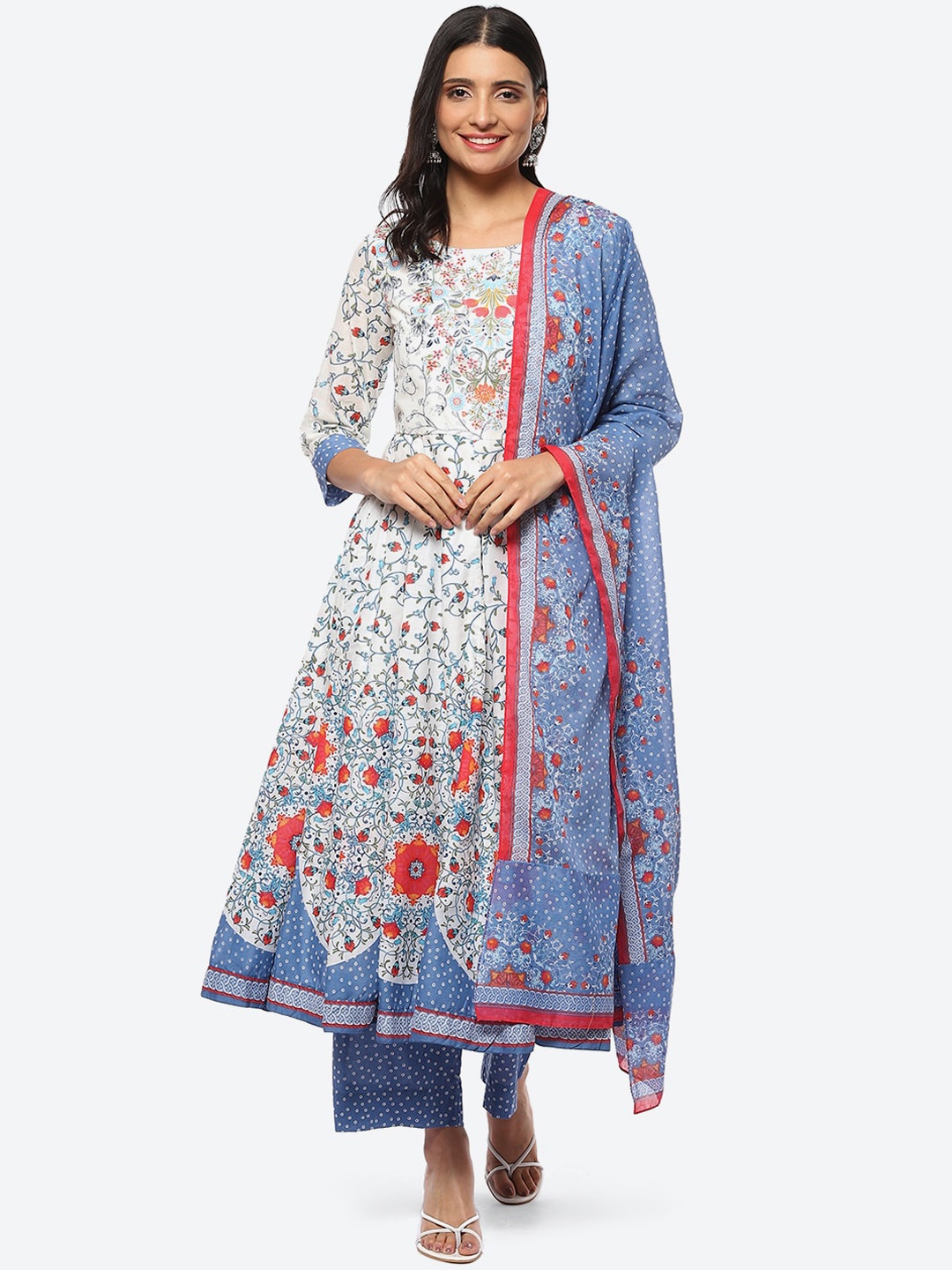 

Biba Women Plus Size Floral Printed Angrakha Kurta With Palazzos & Dupatta, White