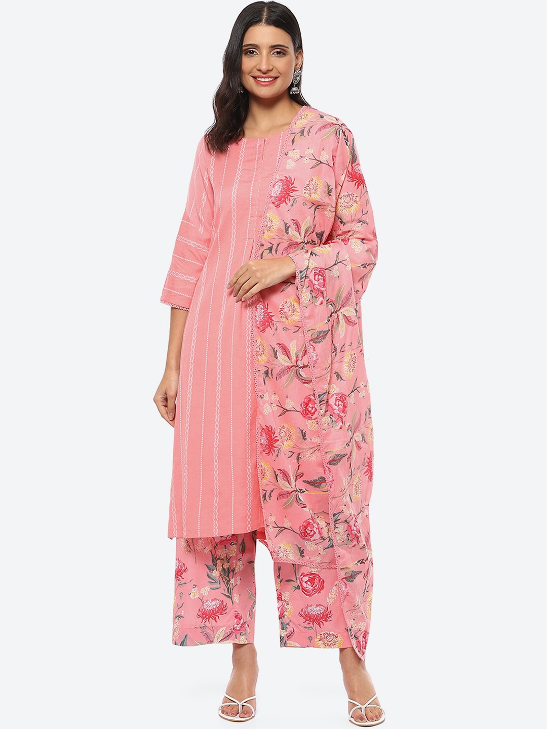 

Biba Women Ethnic Motifs Printed Kurta with Palazzos & Dupatta, Pink