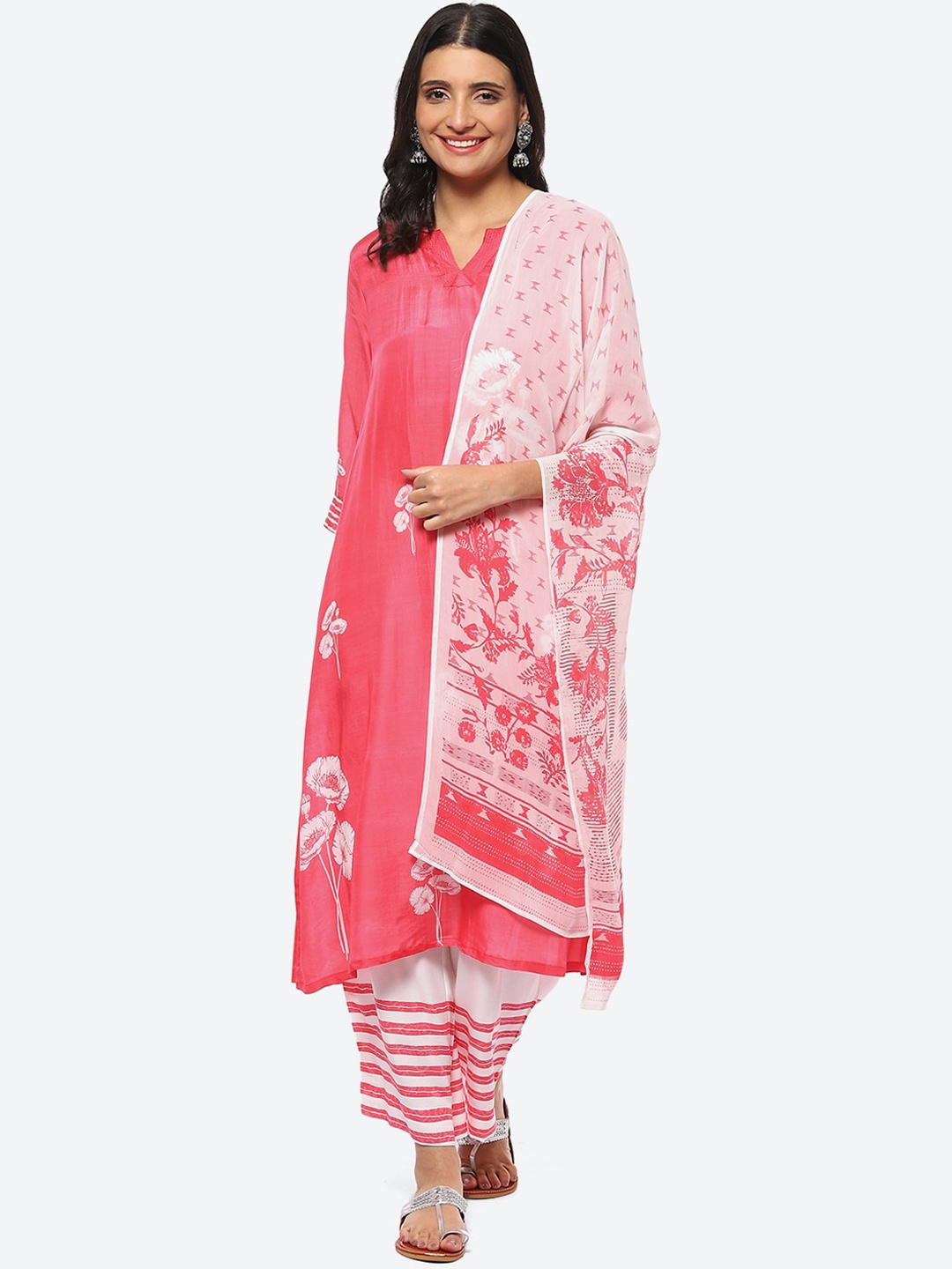 

Biba Women Floral Printed Kurta with Palazzos & Dupatta, Pink
