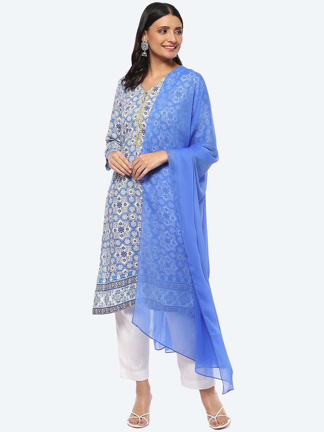 

Biba Women Ethnic Motifs Printed Kurta With Trousers & Dupatta, Blue