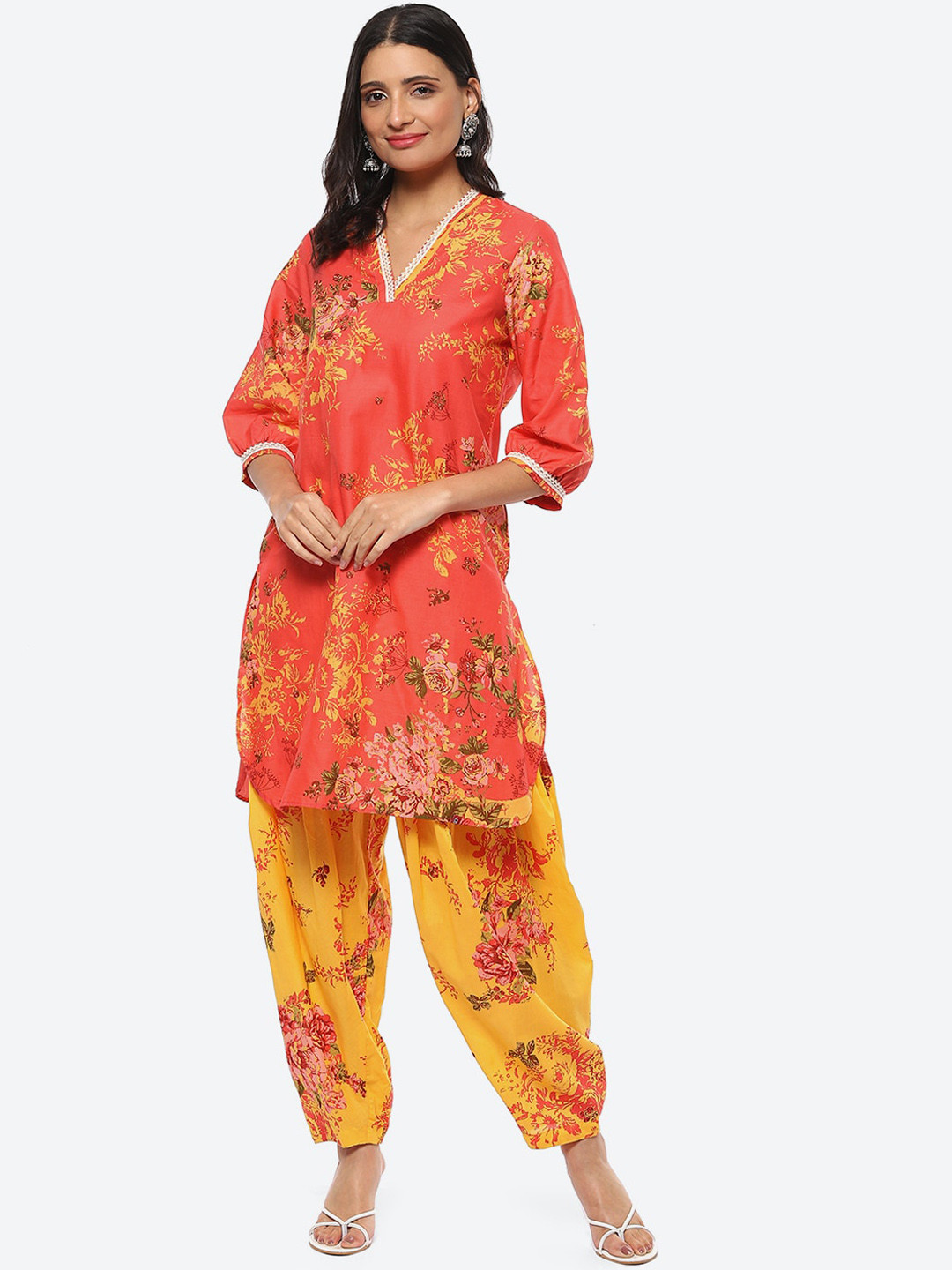 

Biba Women Plus Size Floral Printed Kurta With Salwar, Coral