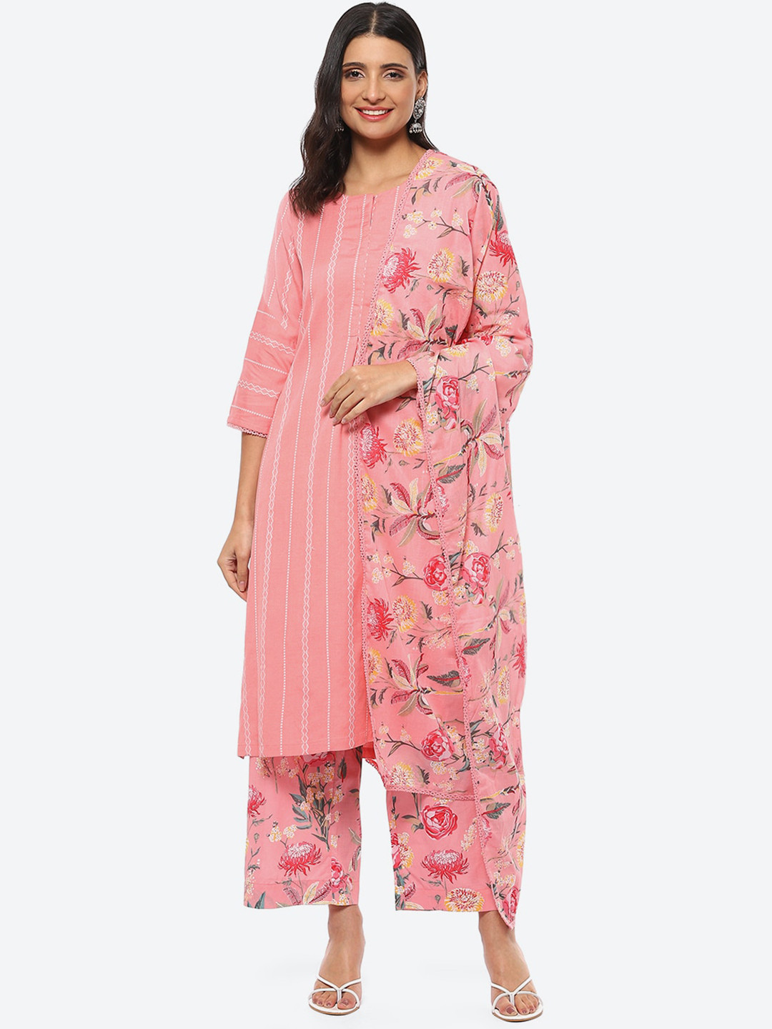 

Biba Women Plus Size Striped A-Line Kurta With Palazzos & Dupatta, Pink