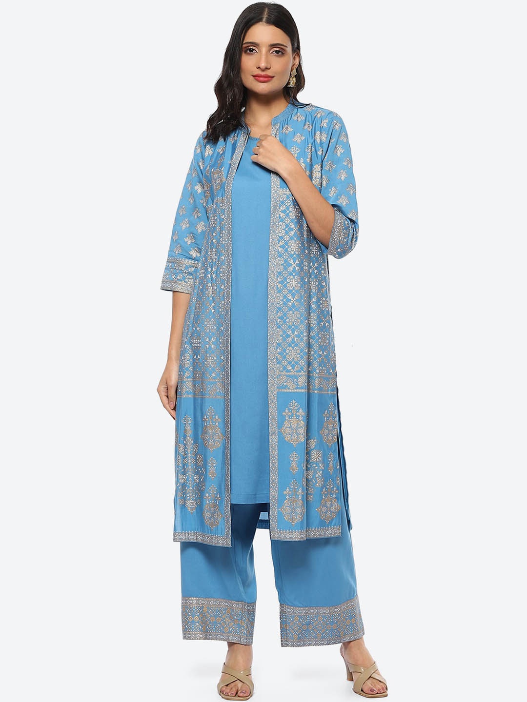 

Biba Kurta With Palazzos & Printed Jacket, Blue
