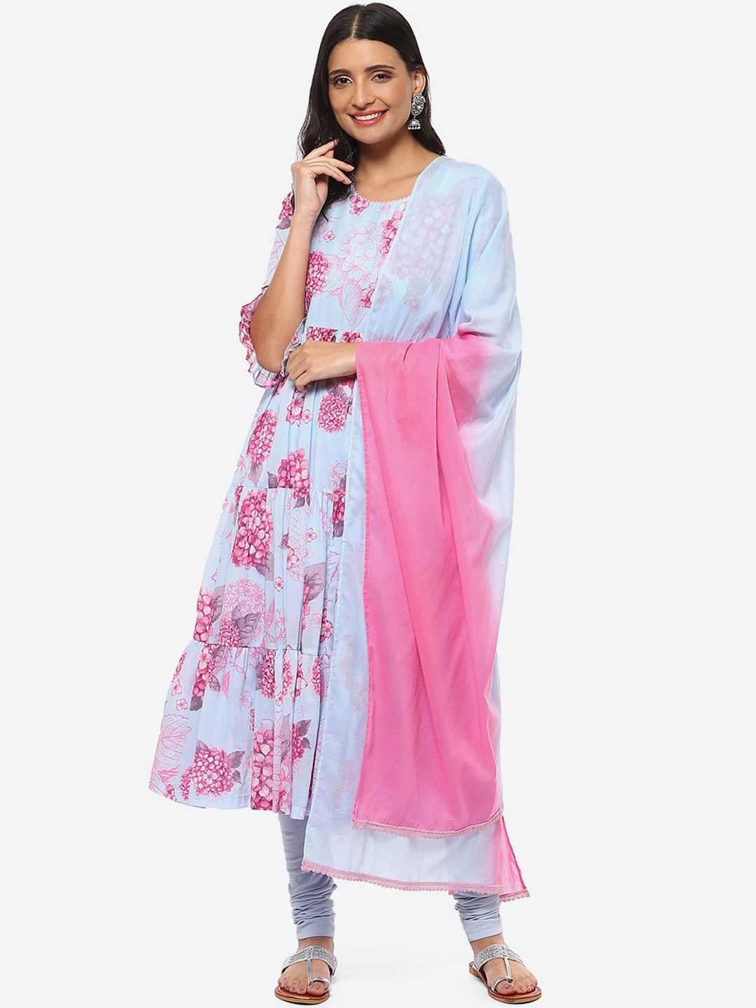 

Biba Women Floral Printed Tiered Kurta with Leggings & Dupatta, Blue