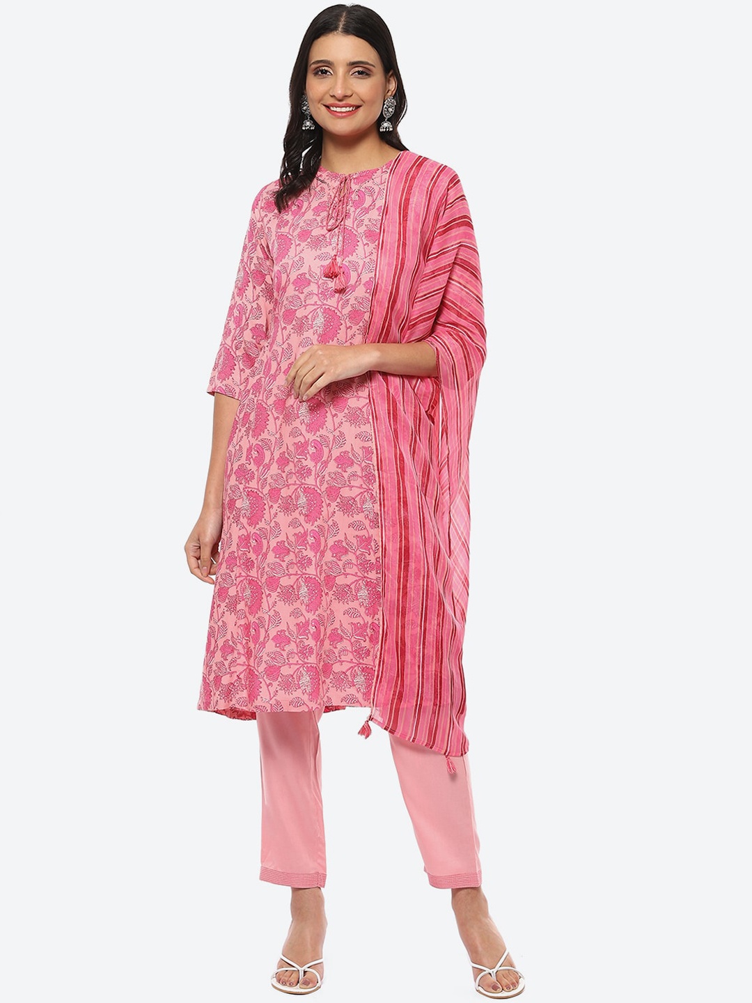 

Biba Women Floral Printed Kurta with Trousers & Dupatta, Pink