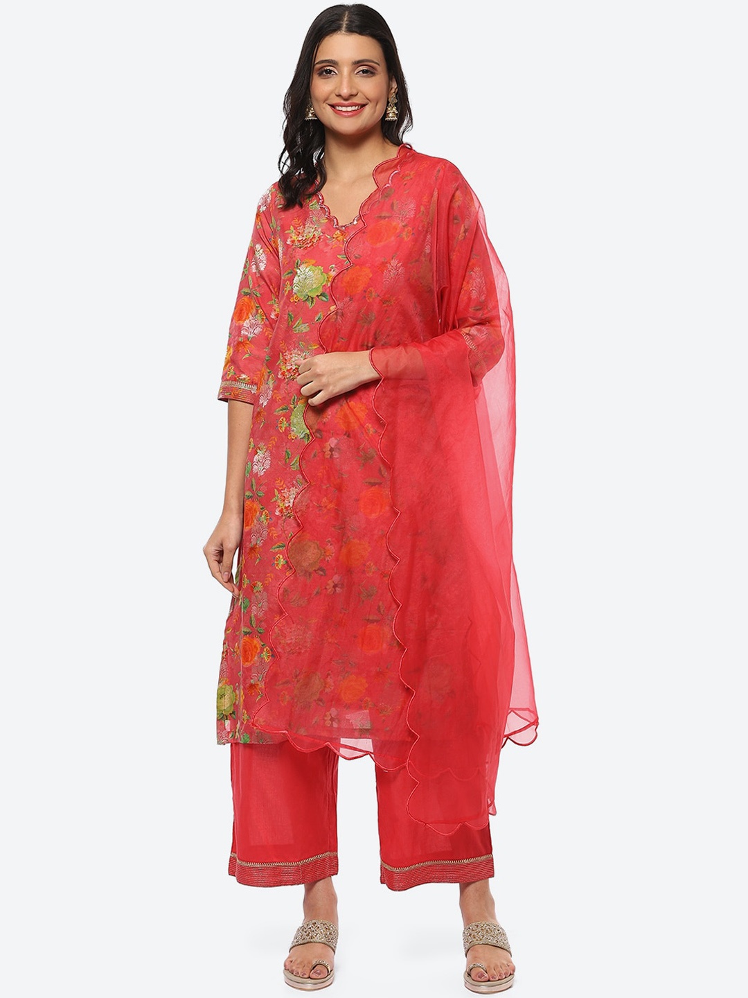 

Biba Women Floral Printed Kurta with Palazzos & Dupatta, Coral