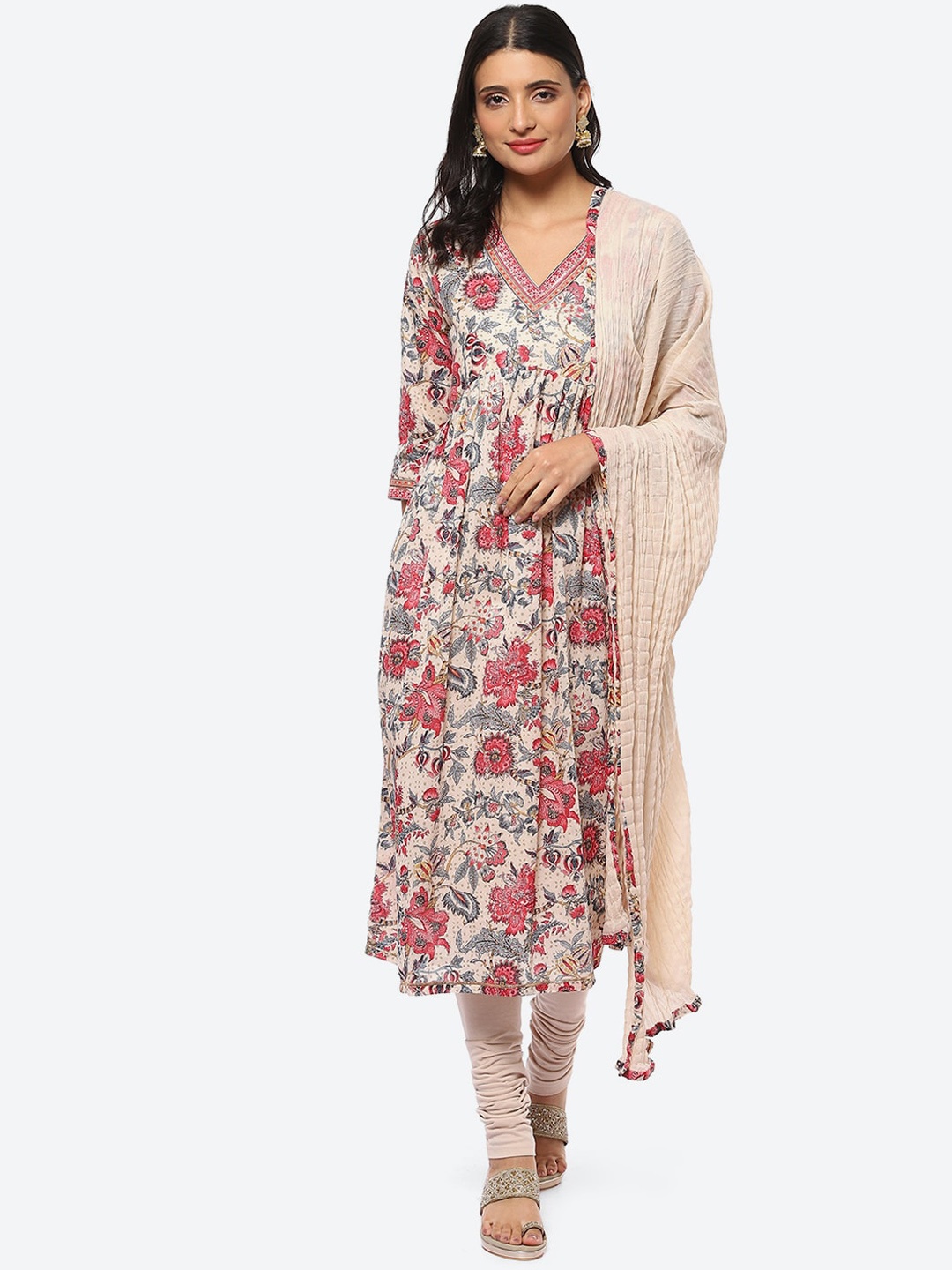 

Biba Women Floral Printed Kurta Set With Dupatta, Beige