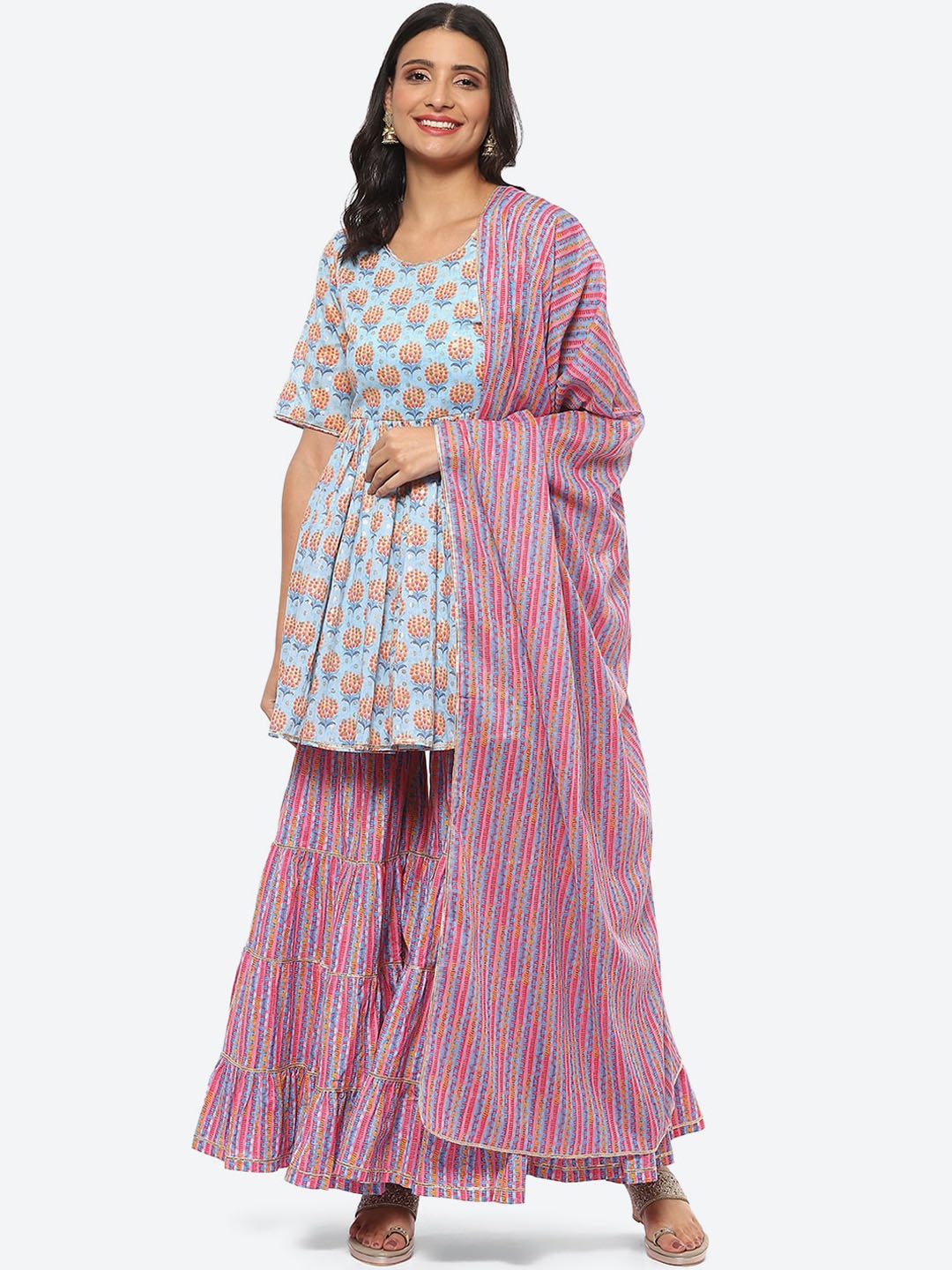 

Biba Women Blue Floral Printed Kurta with Sharara & Dupatta Set