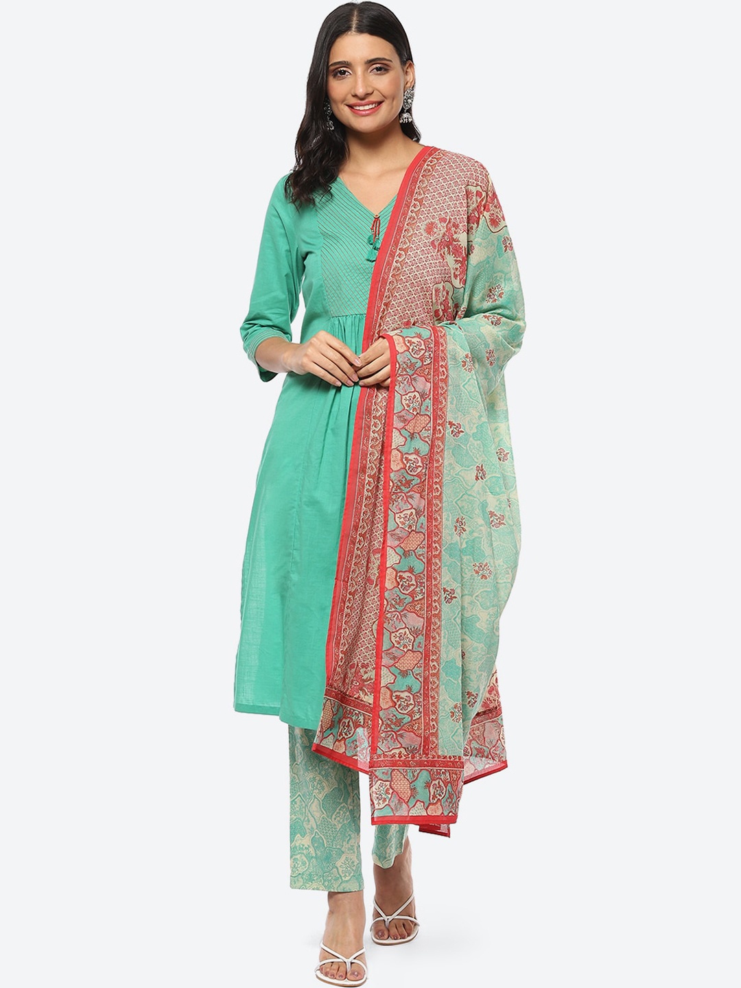 

Biba Women Floral Pleated Kurta with Trousers & With Dupatta, Green