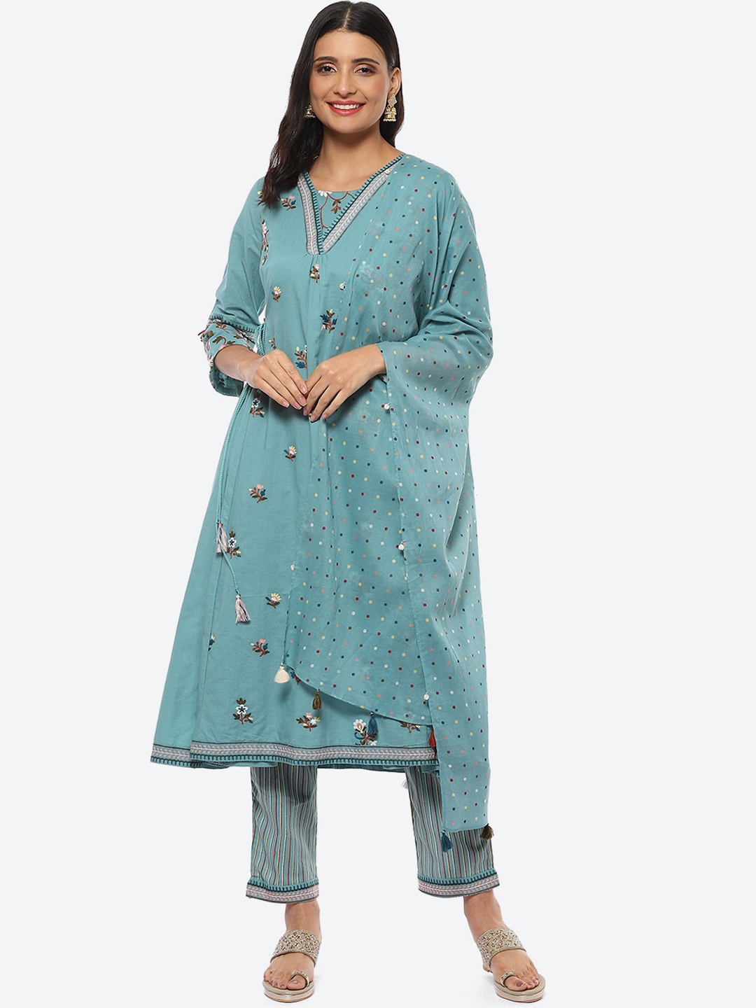 

Biba Embroidered Round Neck A-Line Kurta with Trousers & With Dupatta, Sea green