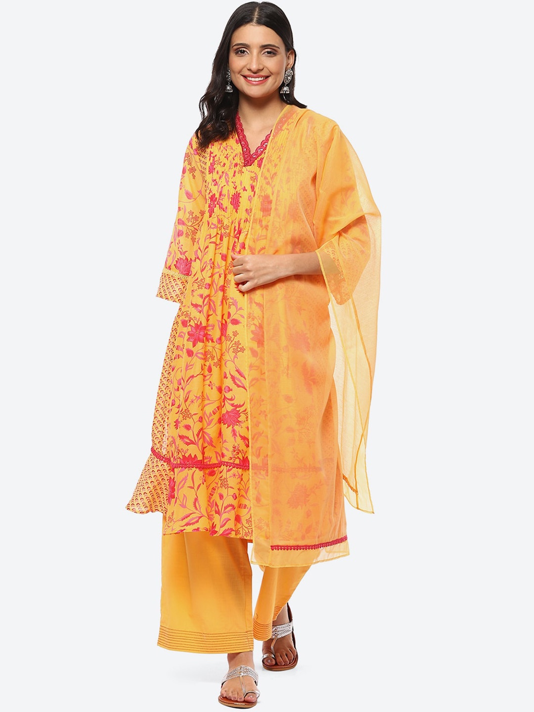 

Biba Women Floral Printed Kurta with Palazzos & With Dupatta, Yellow