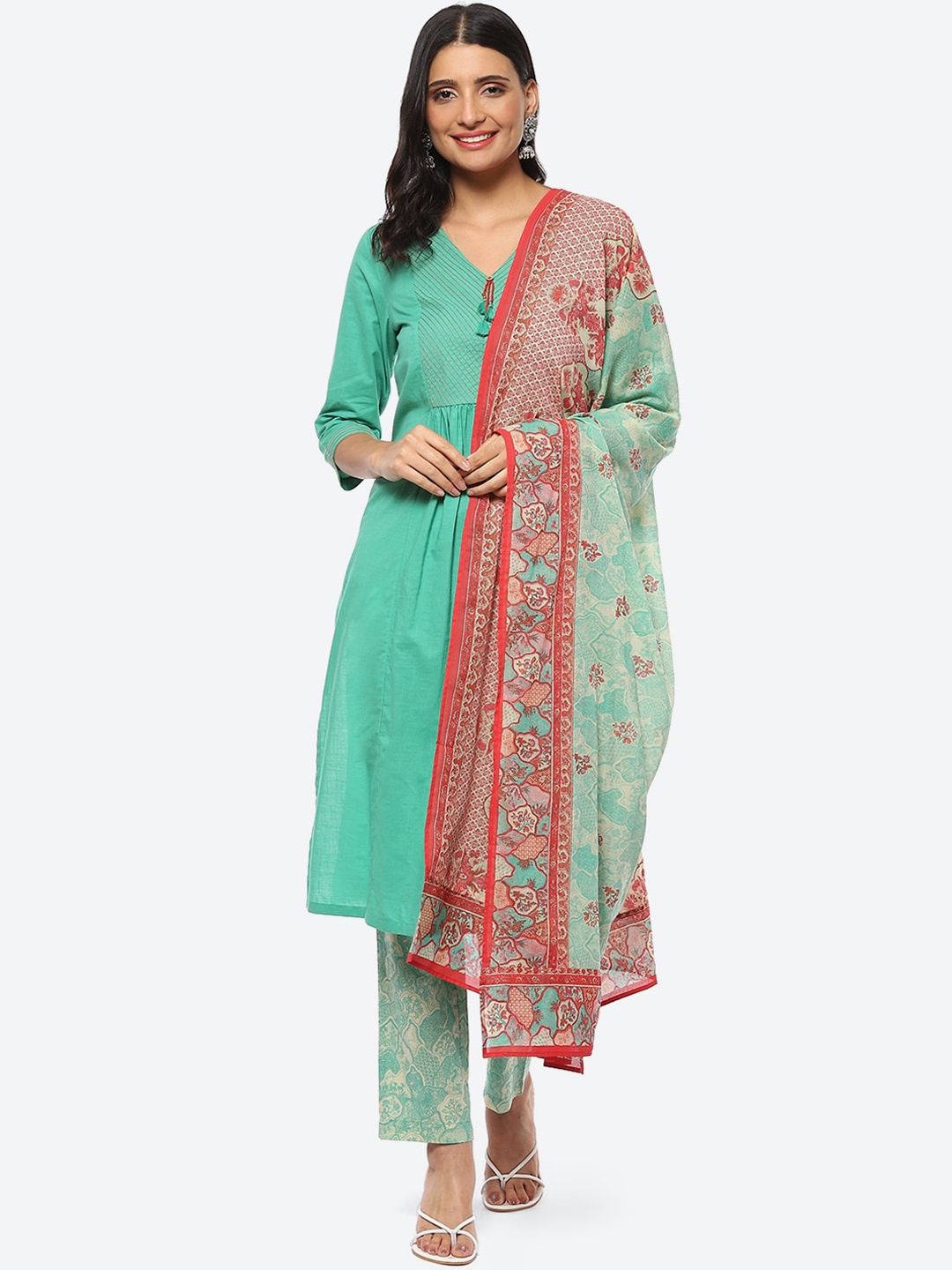

Biba Women Plus Size Pleated Kurta with Trousers & With Dupatta, Green