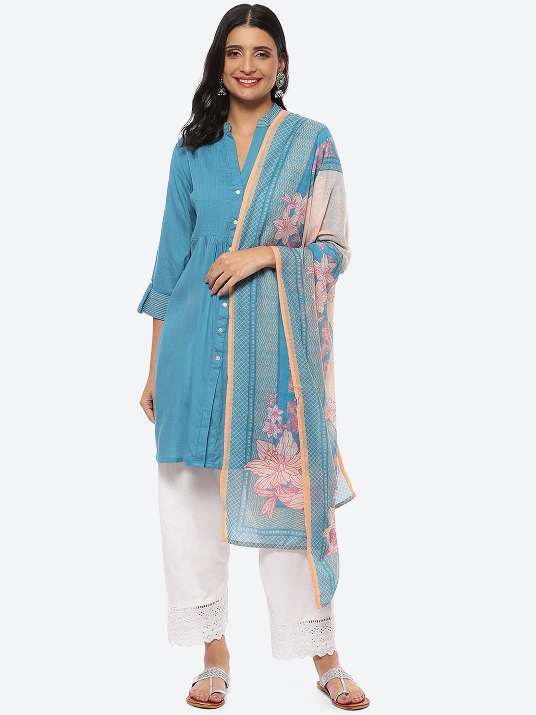 

Biba Women Pleated Kurta & Salwar & With Dupatta, Turquoise blue