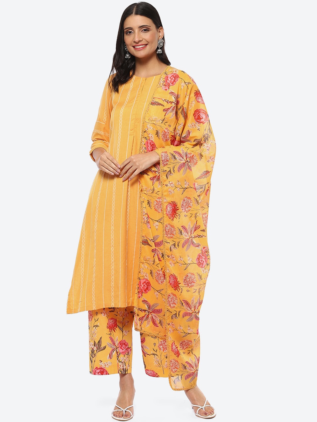 

Biba Women Floral Printed Kurta with Palazzos & Dupatta, Yellow