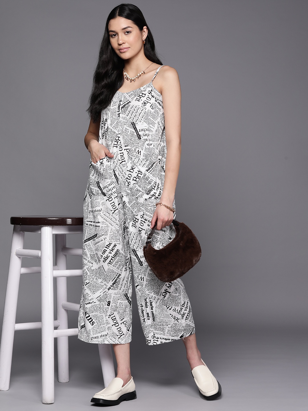 

PINKSKY Shoulder Straps Printed Culotte Jumpsuit, White
