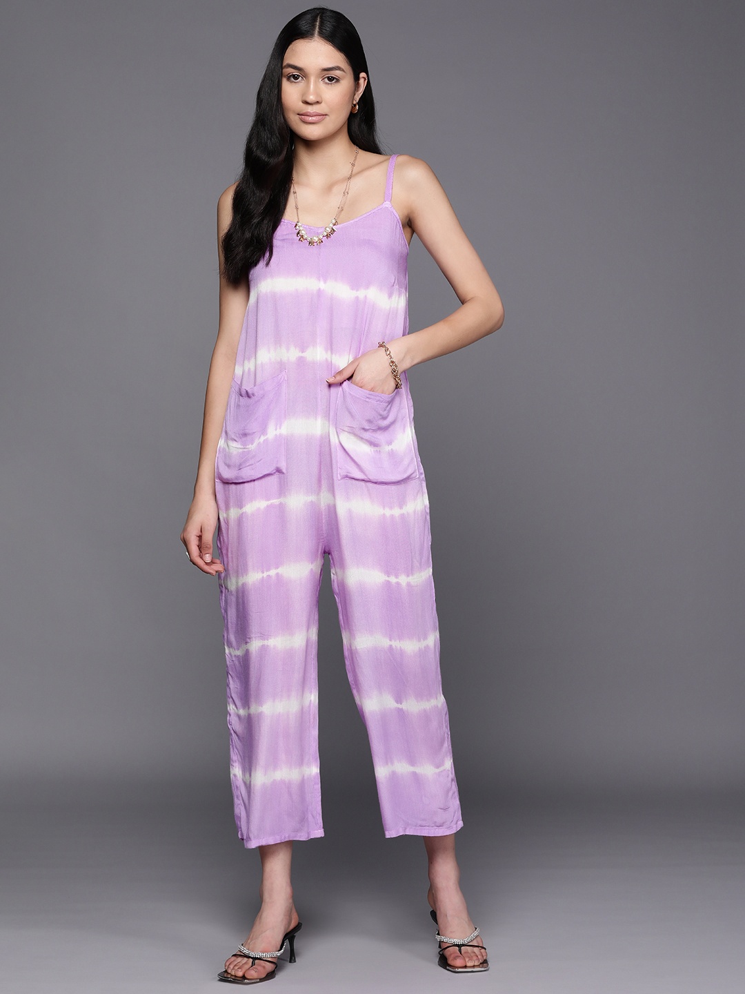 

PINKSKY Shoulder Straps Striped Culotte Jumpsuit, Lavender