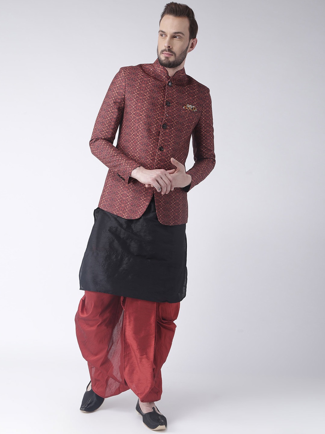 

hangup plus Men Raw Silk Kurta with Dhoti Pants & Jacket Set, Black