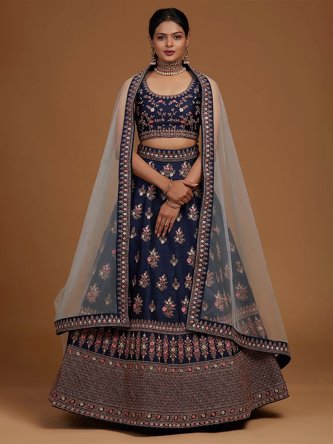 

Xenilla Embroidered Thread Work Semi-Stitched Lehenga & Unstitched Blouse With Dupatta, Navy blue
