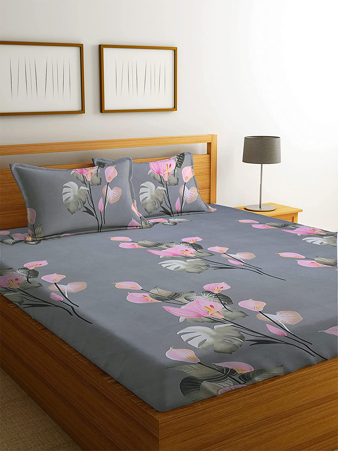 

Bajo's Grey & Pink Floral Printed 210 TC Flat Queen Bedsheet with 2 Pillow Covers