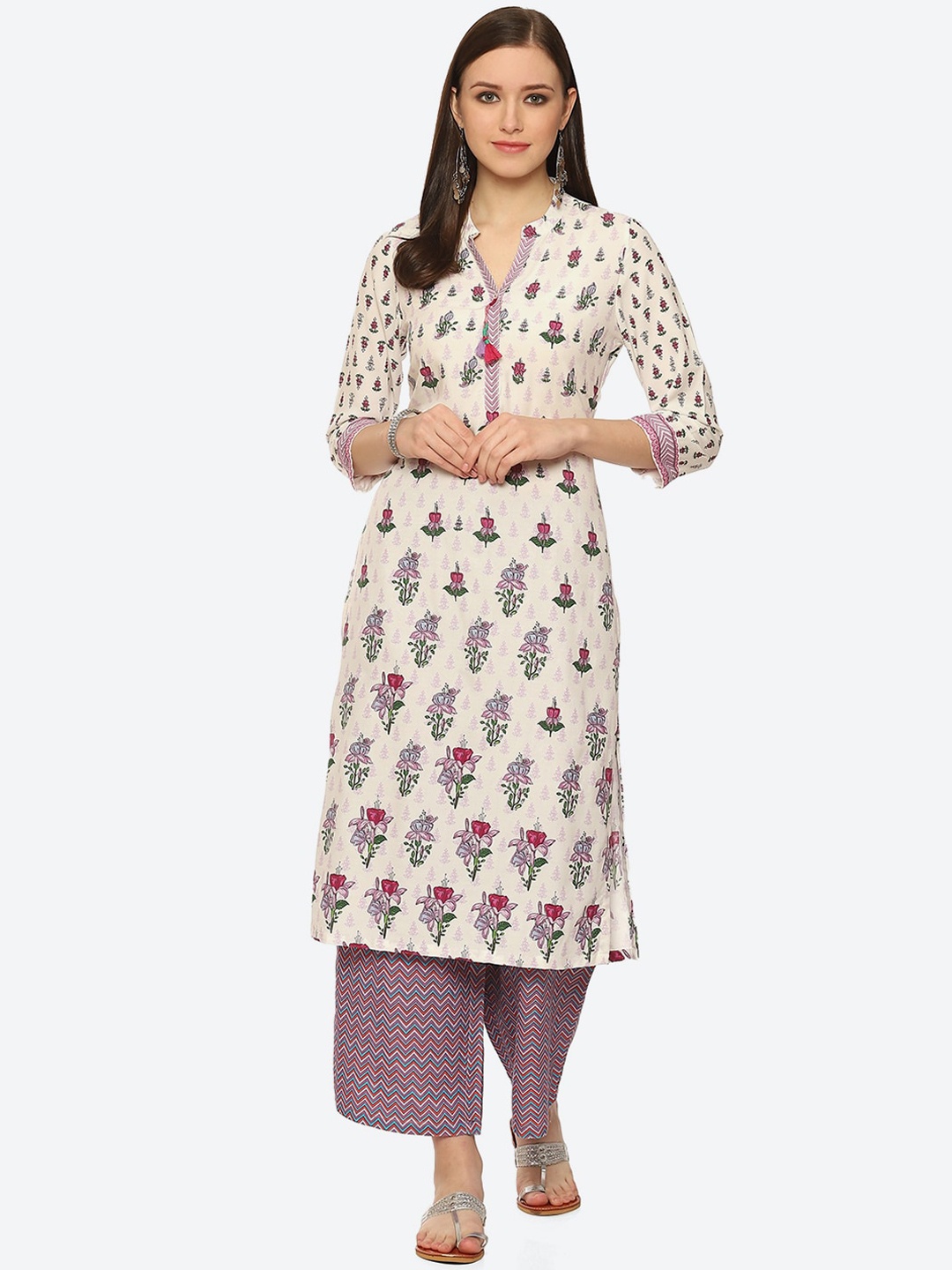 

Rangriti Women Ethnic Motifs Printed Thread Work Kurta, Off white