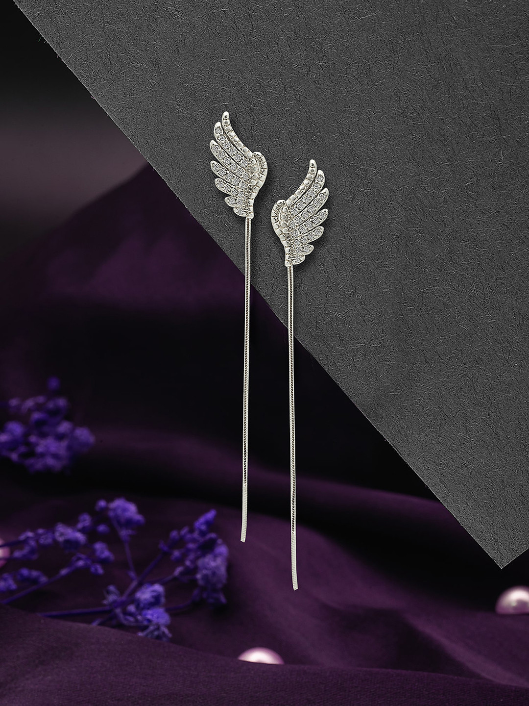 

SILBERRY 925 Sterling Silver CZ Studded Contemporary Rhodium Plated Drop Earrings