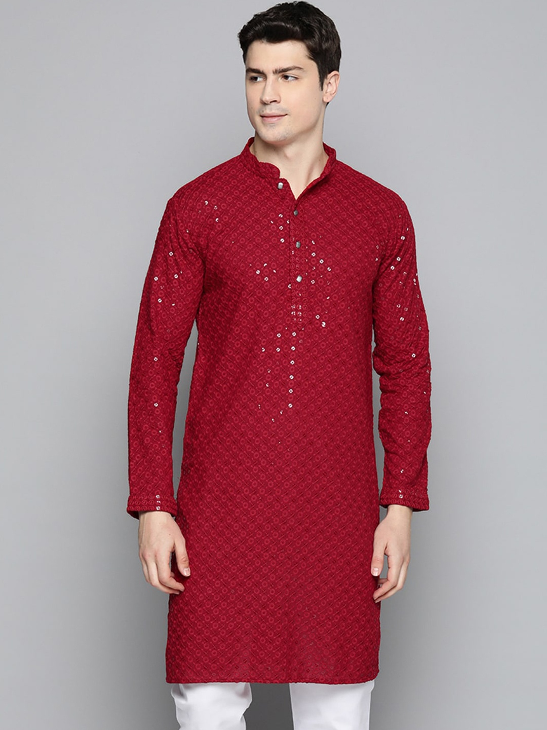 

Jompers Men Mandarin Collar Embellished Kurta, Maroon