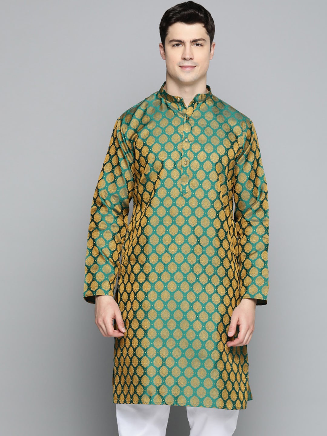 

Jompers Mandarin Collar Woven Design Jacquard Kurta, Green