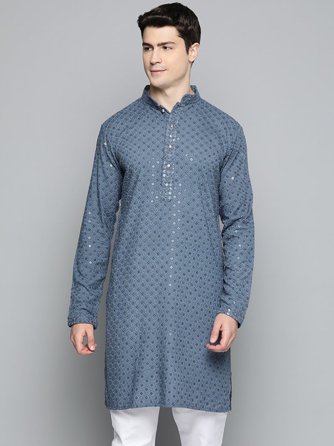 

Jompers Men Mandarin Collar Embellished Cotton Kurta, Grey