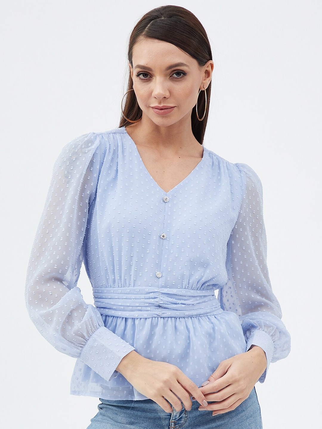 

Harpa Self Design V Neck Cinched Waist Top, Blue